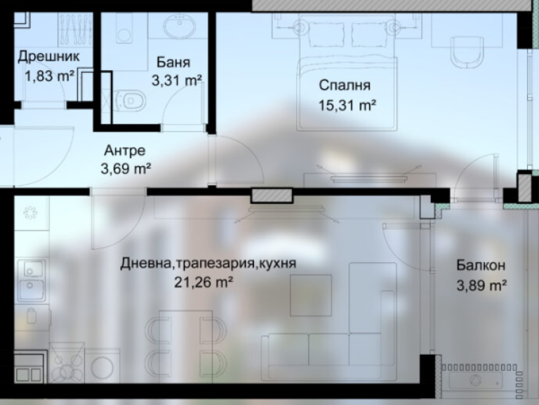 Двустаен апартамент в нов жилищен комплекс от две сгради в ж.к. Малинова долина снимка 72455